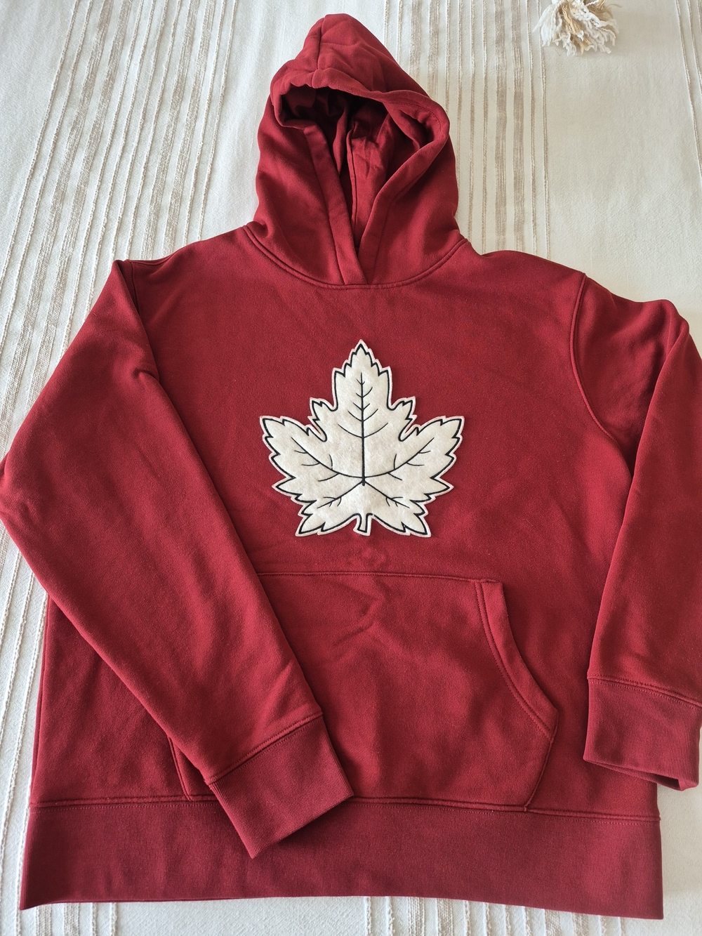Unisex Red Crewneck Hoodie with Cream Leaf Appliqué